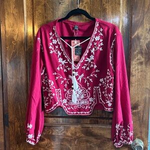 BOHO Red Blouse with White Embroidery